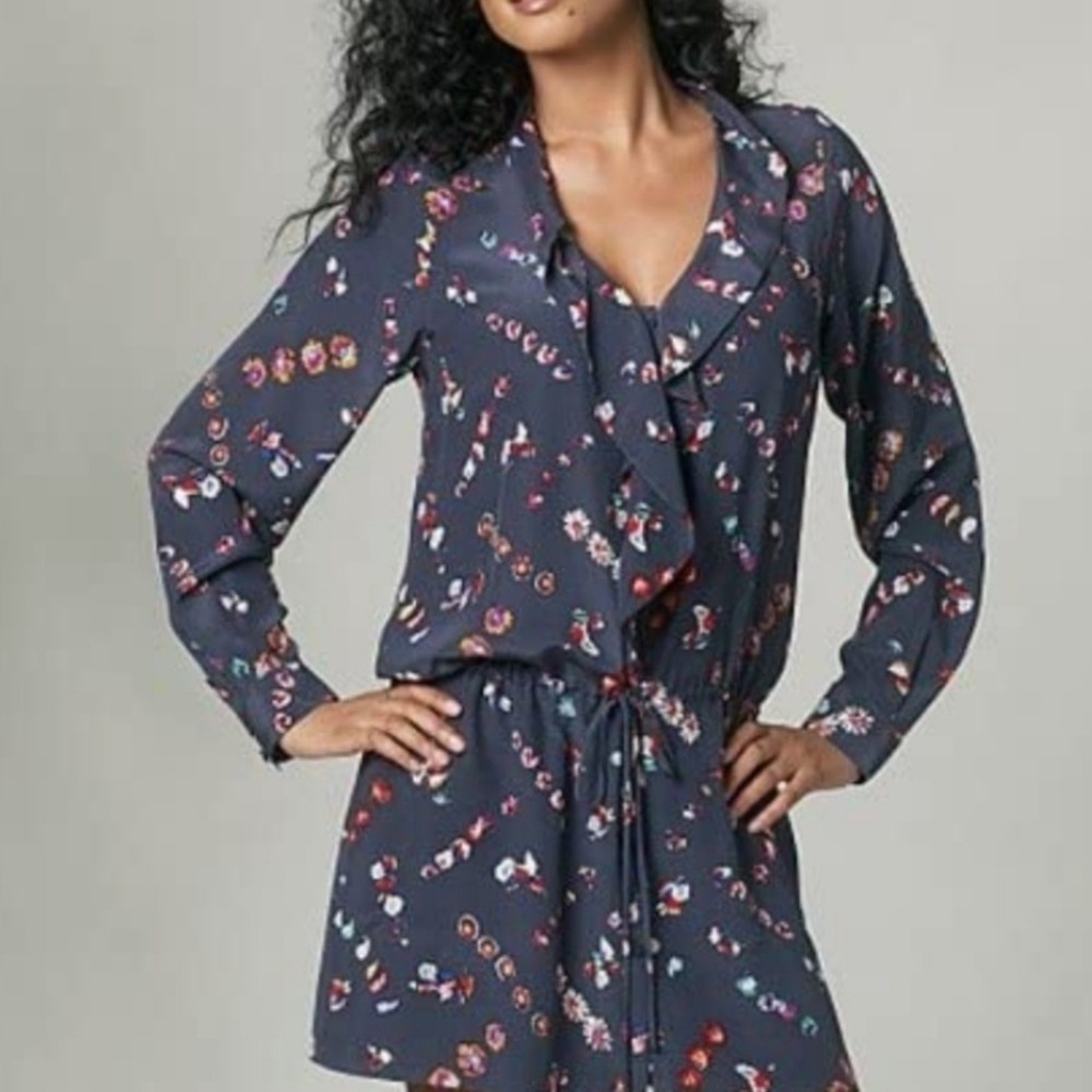 100% Silk Rebecca Taylor Women's Navy Blue Floral Print Long‎ Sleeve Mini Dress